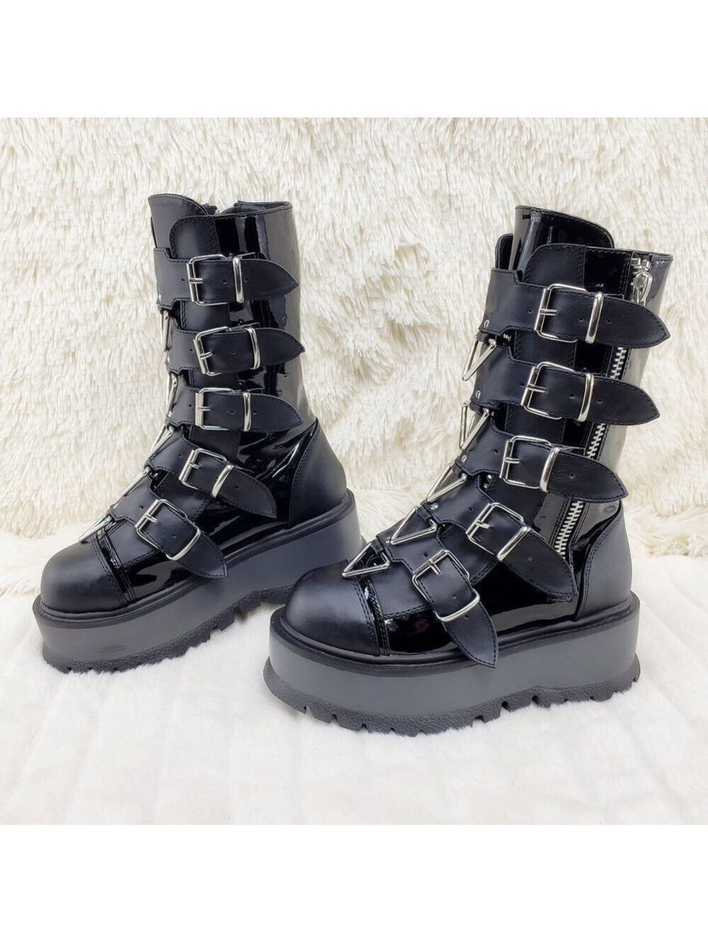Men's Unisex Slacker Triangle Gear Goth Punk Platform Mid Calf Boots